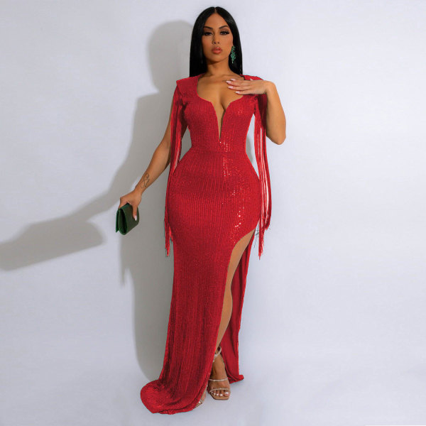 Sexy backless tassel sequin dress nightclub dress