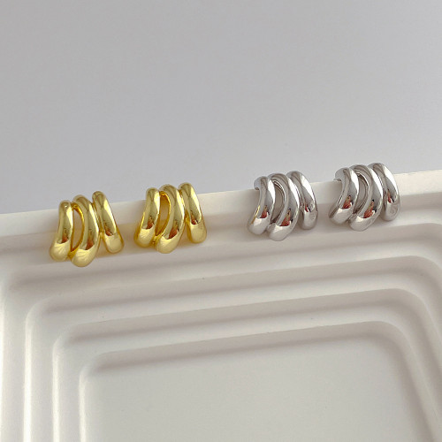 Small design 14K gold three-layer small C-ring earrings s925 silver needle irregular personality versatile earrings