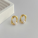 Small design 14K gold twisted square metal freshwater pearl earrings s925 silver needle ear ornaments