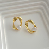 Small design 14K gold twisted square metal freshwater pearl earrings s925 silver needle ear ornaments