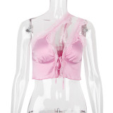 Sexy Lace Satin Splice Oblique One Shoulder Open Navel Cardigan European and American Spicy Girls Top