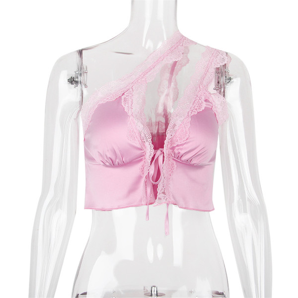 Sexy Lace Satin Splice Oblique One Shoulder Open Navel Cardigan European and American Spicy Girls Top