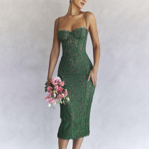 Fashionable women's lace suspender dress temperament split mid length skirt slim backless dress