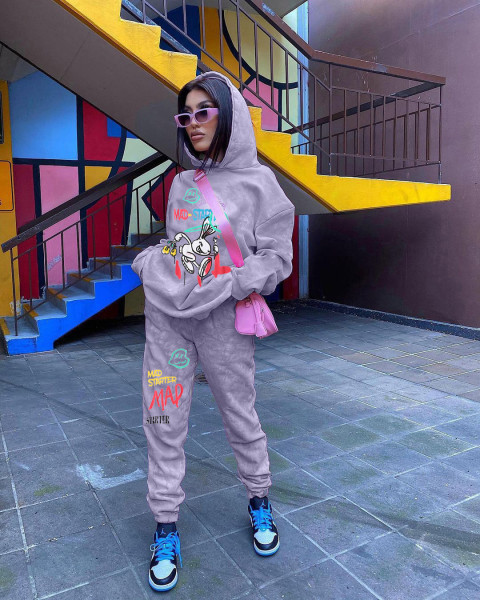 Women's loose hooded sweater two-piece set with location printing