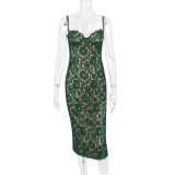 Fashionable women's lace suspender dress temperament split mid length skirt slim backless dress