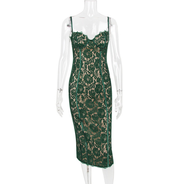 Fashionable women's lace suspender dress temperament split mid length skirt slim backless dress