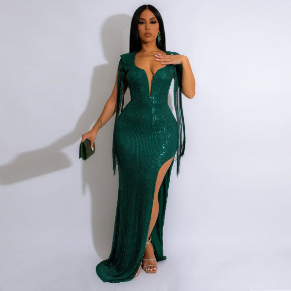 Sexy backless tassel sequin dress nightclub dress