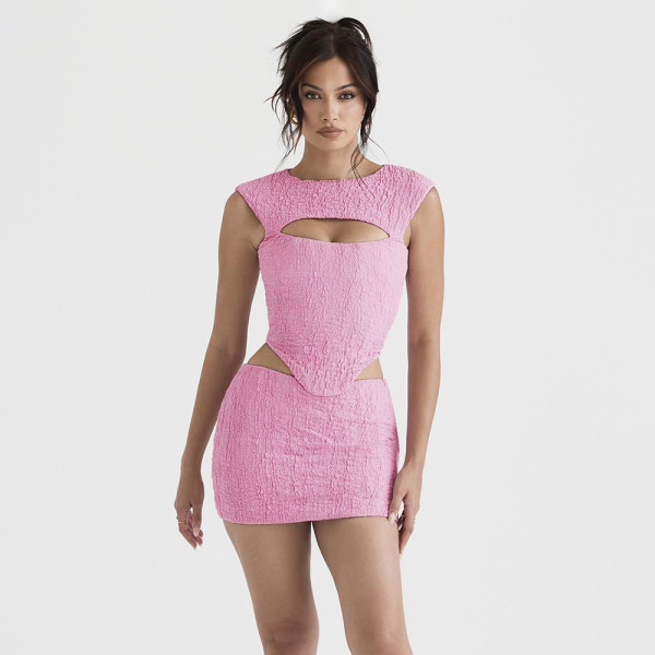 Women's sleeveless hollow waist top tight wrap hip skirt suit women's fashion two-piece set
