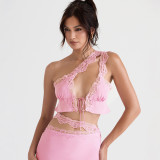 Sexy Lace Satin Splice Oblique One Shoulder Open Navel Cardigan European and American Spicy Girls Top