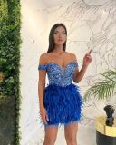 Sequins Feather Mini Dress Women Off Shoulder Sexy Shiny Luxury Prom Dress