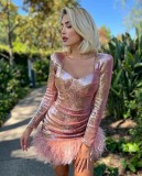 Sexy U-neck gathered waist pleated lady style hip bag skirt sequin wool skirt stitching dress