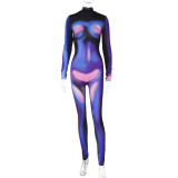 Fashion printed slim back zipper long sleeve high neck jumpsuit