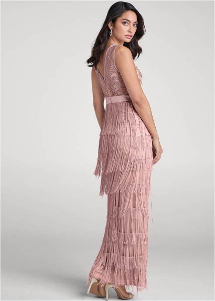 Sexy women's tassel patchwork backless dress dress deep V lace dress