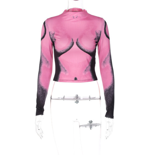Fashionable sexy printed open navel short slim round neck long sleeve top