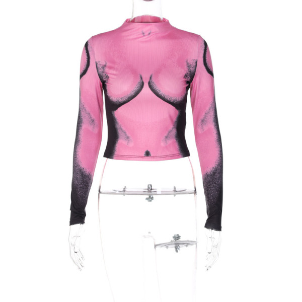 Fashionable sexy printed open navel short slim round neck long sleeve top