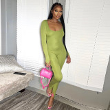 Fashion U-neck solid color buffed slim fitting long sleeve one-piece pants