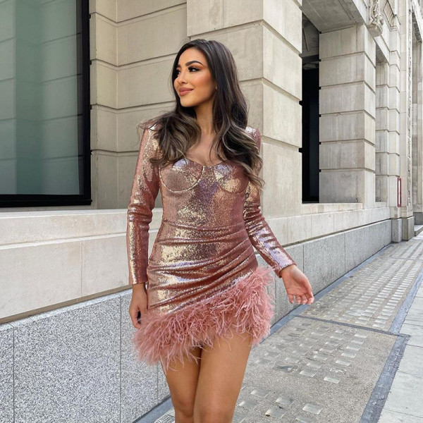 Sexy U-neck gathered waist pleated lady style hip bag skirt sequin wool skirt stitching dress