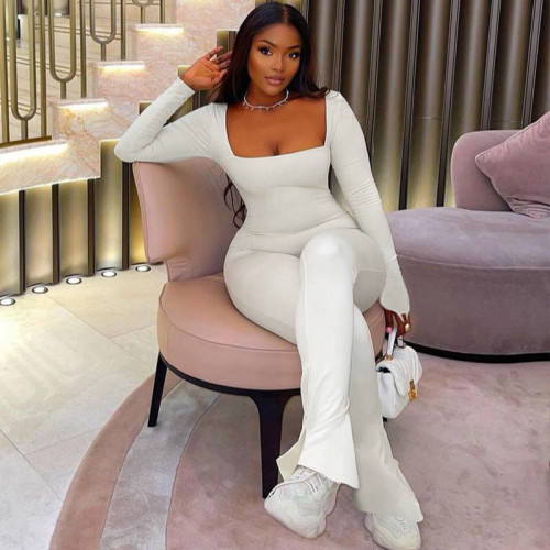 Fashion U-neck solid color buffed slim fitting long sleeve one-piece pants