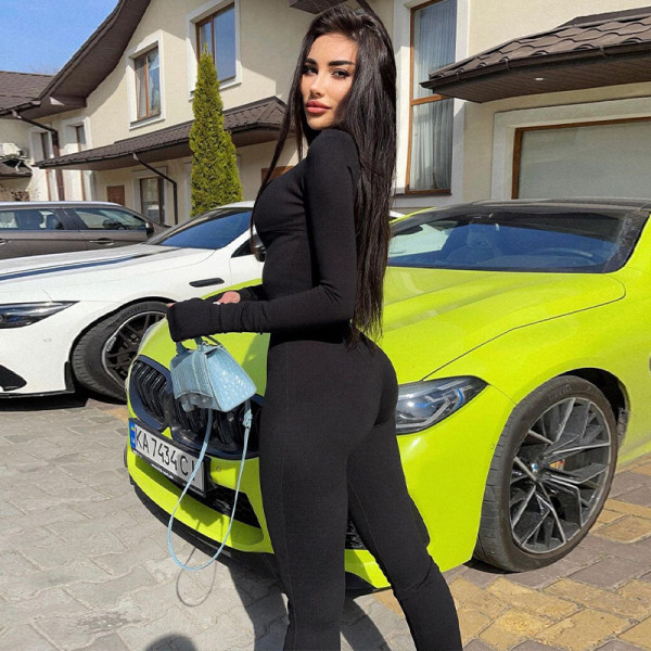 Fashionable sexy cut out zippered back long sleeve finger suit jumpsuit