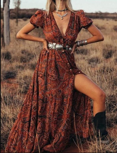 Women's sexy printed V-neck short sleeve bohemian holiday dress