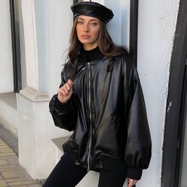 Fashion casual imitation leather cardigan zipper loose long sleeve coat