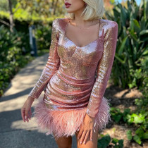 Sexy U-neck gathered waist pleated lady style hip bag skirt sequin wool skirt stitching dress