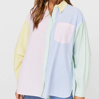 Three color color matching long sleeve loose women's shirt top