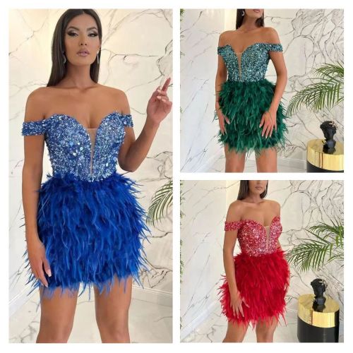Sequins Feather Mini Dress Women Off Shoulder Sexy Shiny Luxury Prom Dress