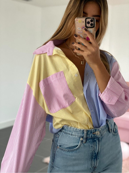 Three color color matching long sleeve loose women's shirt top