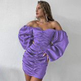 Fashionable sexy one shoulder open back fold hip wrap long sleeve dress