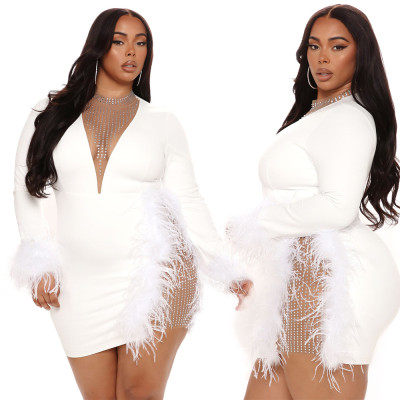 Hip Wrapped Short Dress Zhigong Yarn Mesh Feather Slim Party Nightclub Oversize Dress