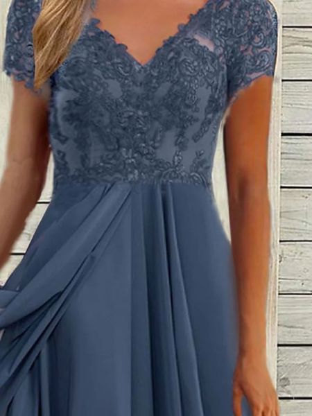Dress Chiffon Splice V-neck Lace Hollow out Long Dress Bridesmaid Evening Dress