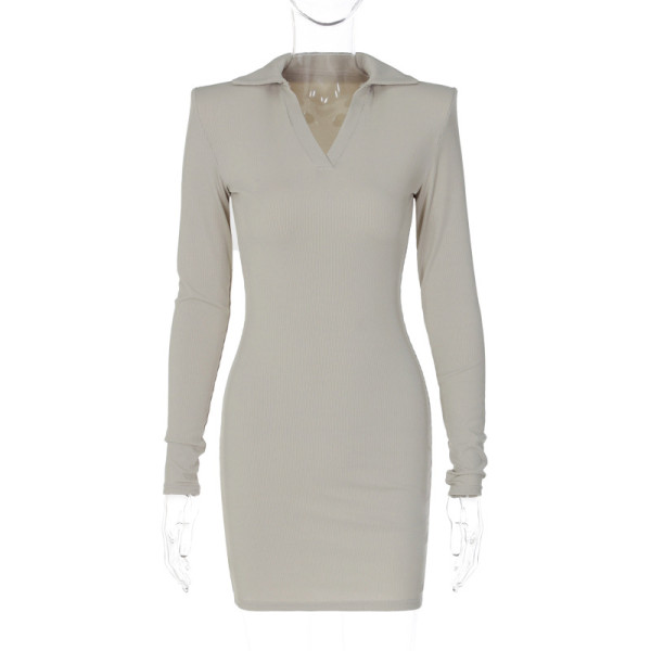 Fashion casual lapel long sleeve slim wrap hip dress