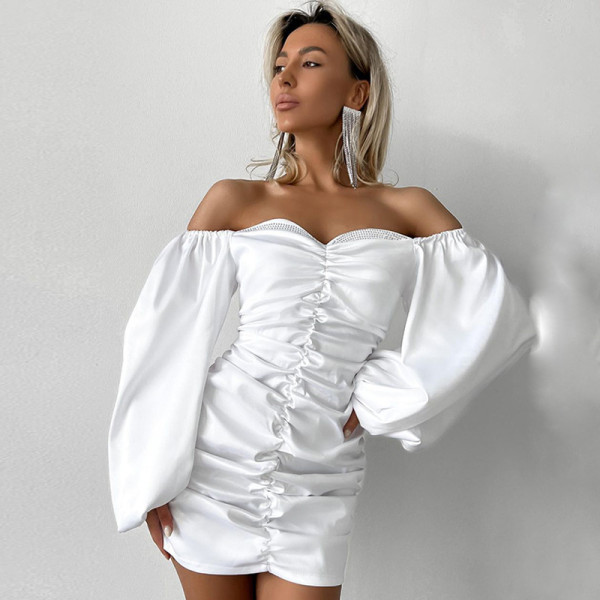 Fashionable sexy one shoulder open back fold hip wrap long sleeve dress
