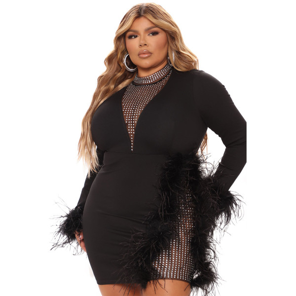 Hip Wrapped Short Dress Zhigong Yarn Mesh Feather Slim Party Nightclub Oversize Dress