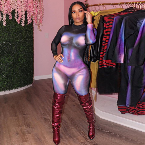 Fashion printed slim back zipper long sleeve high neck jumpsuit