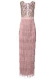 Sexy women's tassel patchwork backless dress dress deep V lace dress