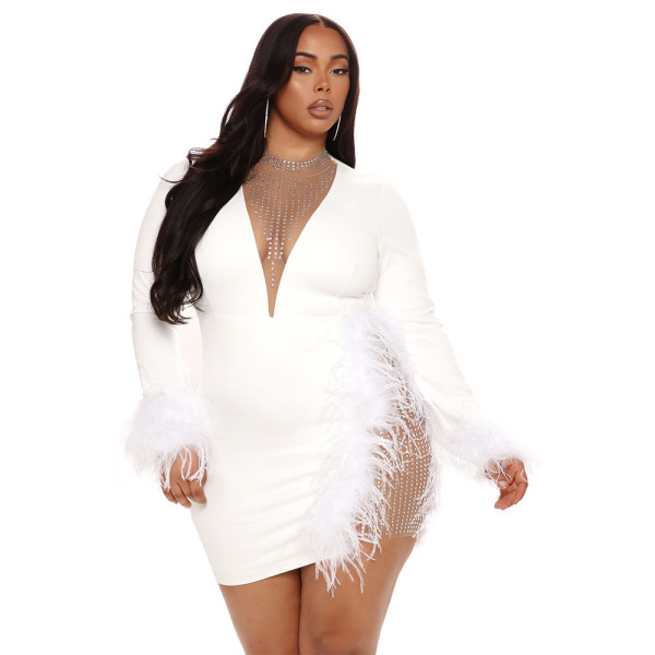 Hip Wrapped Short Dress Zhigong Yarn Mesh Feather Slim Party Nightclub Oversize Dress