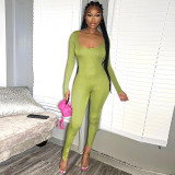 Fashion U-neck solid color buffed slim fitting long sleeve one-piece pants