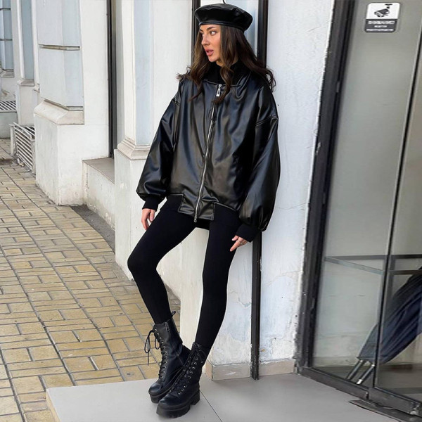 Fashion casual imitation leather cardigan zipper loose long sleeve coat