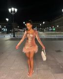 Sexy U-neck gathered waist pleated lady style hip bag skirt sequin wool skirt stitching dress