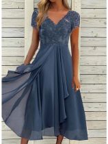 Dress Chiffon Splice V-neck Lace Hollow out Long Dress Bridesmaid Evening Dress