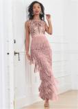 Sexy women's tassel patchwork backless dress dress deep V lace dress