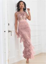 Sexy women's tassel patchwork backless dress dress deep V lace dress