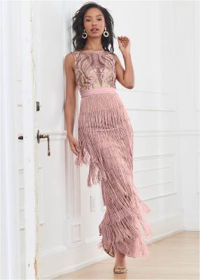 Sexy women's tassel patchwork backless dress dress deep V lace dress
