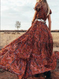 Women's sexy printed V-neck short sleeve bohemian holiday dress