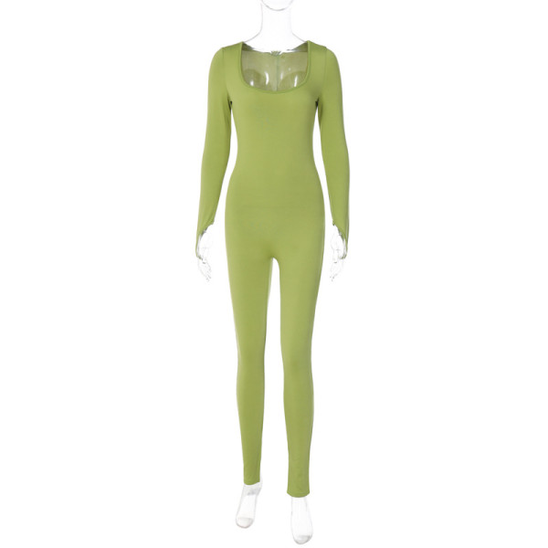 Fashion U-neck solid color buffed slim fitting long sleeve one-piece pants