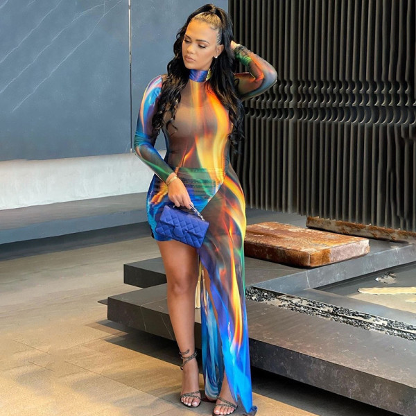 Fashion printed irregular round neck long sleeve slim fitting dress