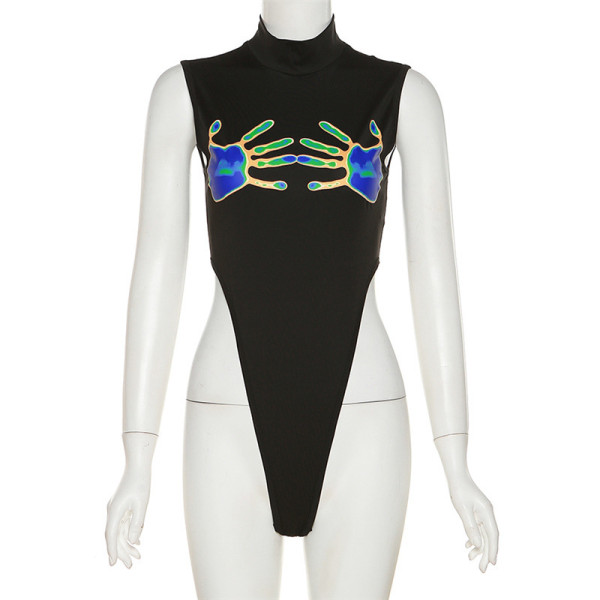 Feminine one-piece dress design sense palm print round neck slim t-shirt