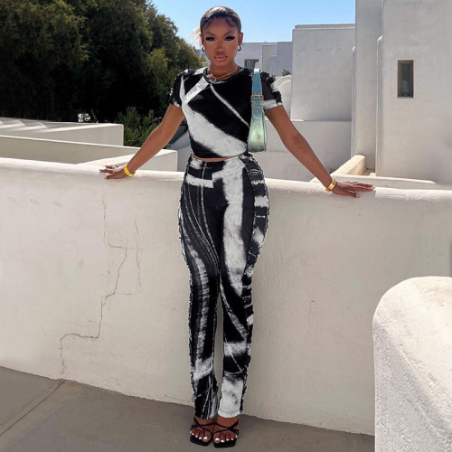 Women's fashion round neck printed T-shirt slim low waist pants suit